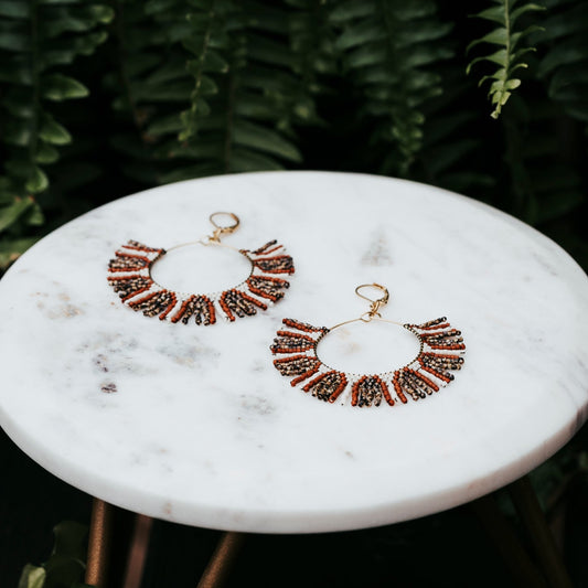 Seed Bead Fringed Brass Hoop Earrings